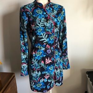 Blue Floral Short Dress with Red Trim